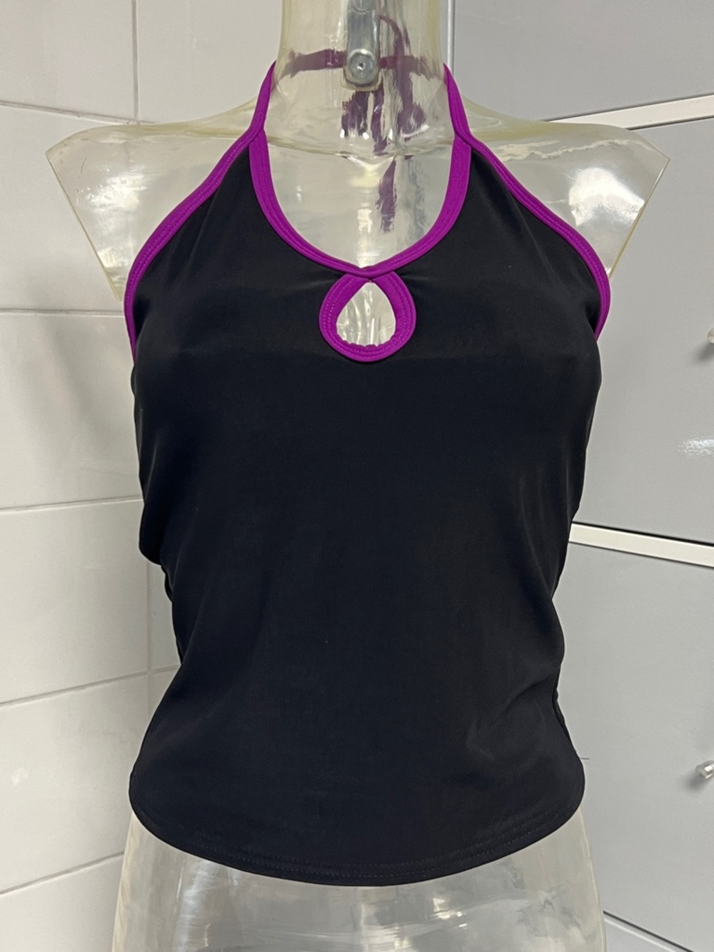 Y2K Slinky Keyhole Dance Halter Top L Blk/Purple